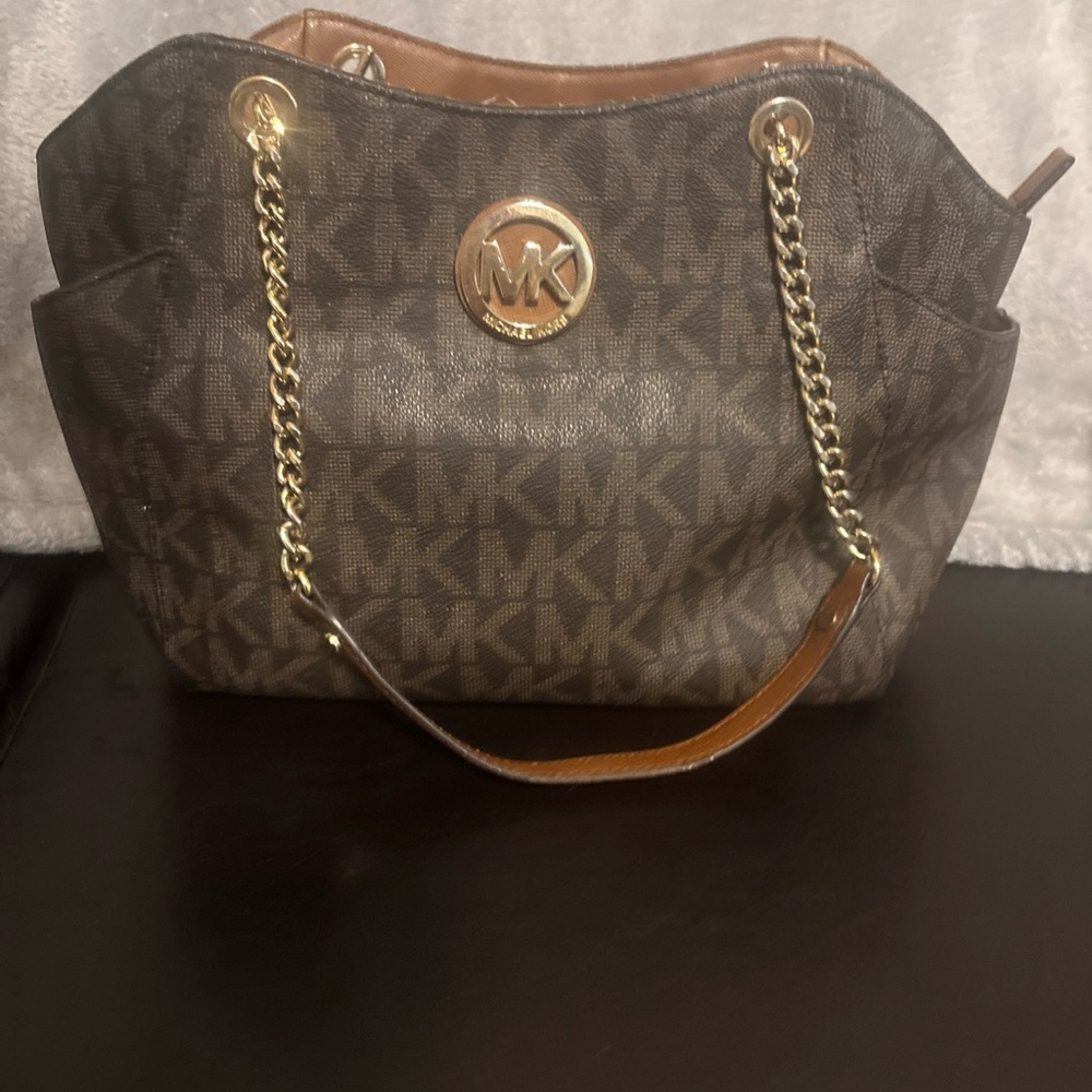 Michael Kors Brown MK Logo Tote with Gold Chain Straps